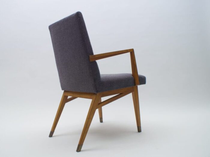 mid century modern wood armchair in grey fabric on brass feet germany 1950s 4