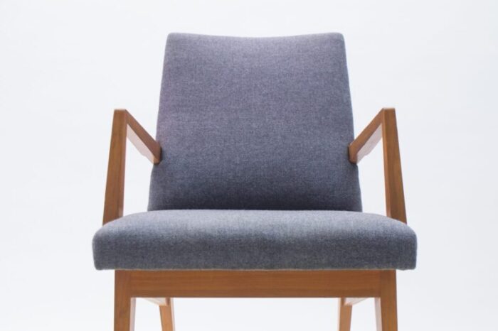 mid century modern wood armchair in grey fabric on brass feet germany 1950s 5