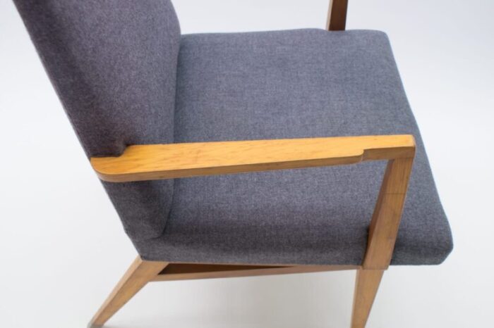 mid century modern wood armchair in grey fabric on brass feet germany 1950s 9