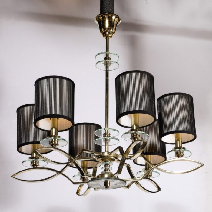 mid century modernist six arm chandelier in brass glass and antiqued mirror 0839