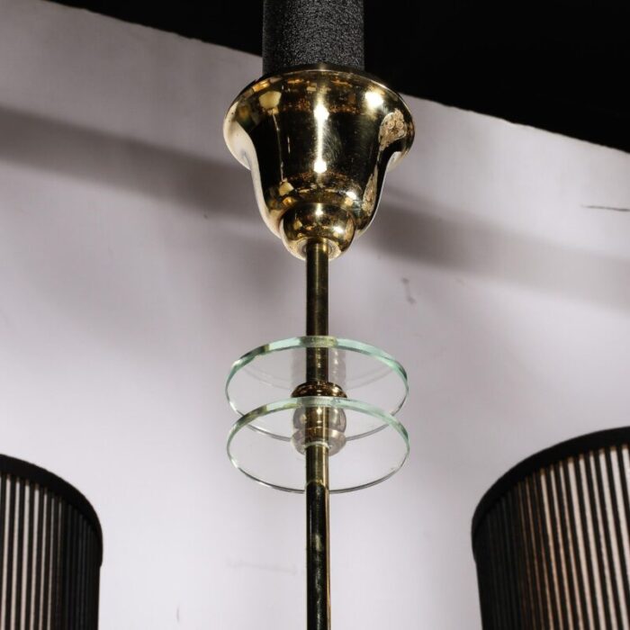 mid century modernist six arm chandelier in brass glass and antiqued mirror 1074