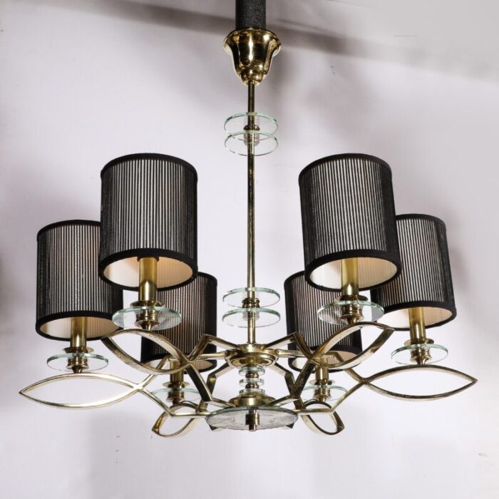 mid century modernist six arm chandelier in brass glass and antiqued mirror 2564