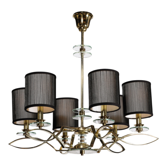 mid century modernist six arm chandelier in brass glass and antiqued mirror 5318