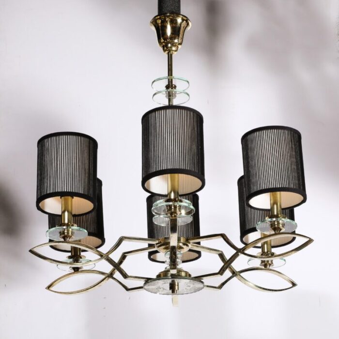 mid century modernist six arm chandelier in brass glass and antiqued mirror 6852