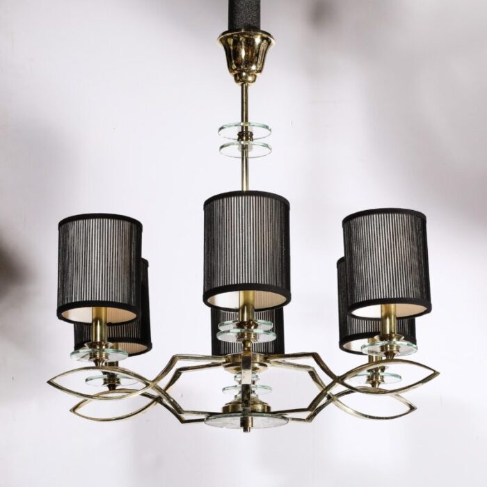 mid century modernist six arm chandelier in brass glass and antiqued mirror 7017