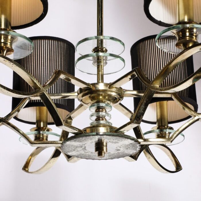 mid century modernist six arm chandelier in brass glass and antiqued mirror 9322