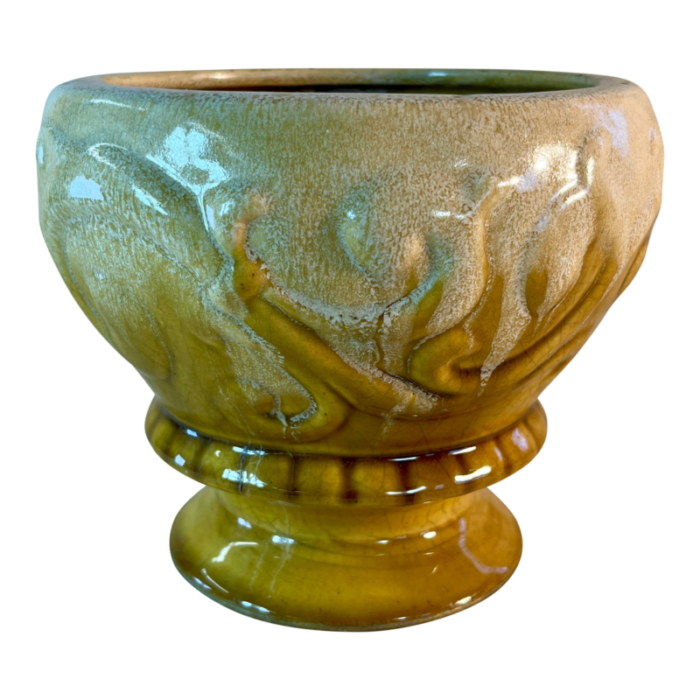 mid century stoneware pedestal cachepot in goldenrod glaze 8288