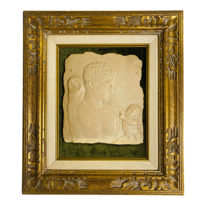 mid century vintage framed greco roman classical plaque of a male with child 0424