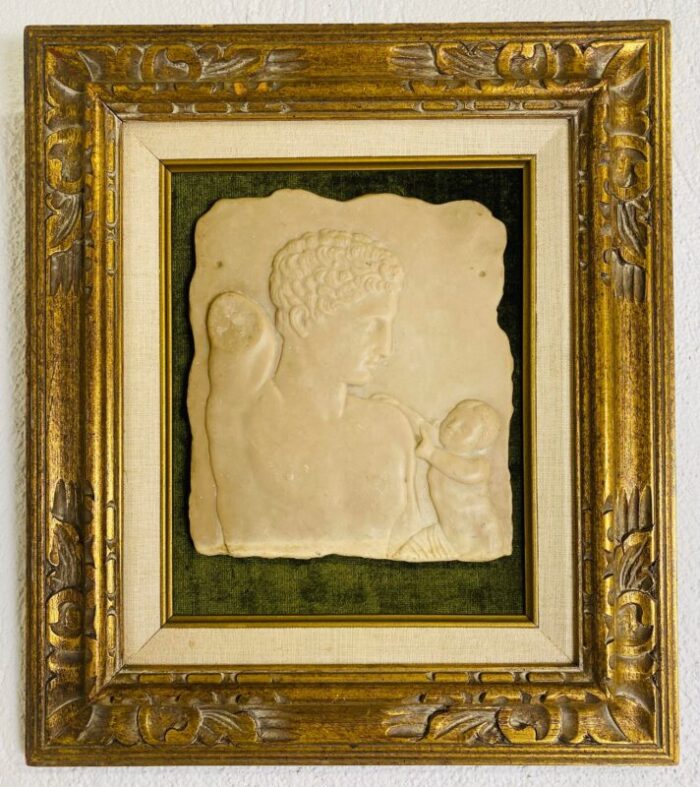 mid century vintage framed greco roman classical plaque of a male with child 0426