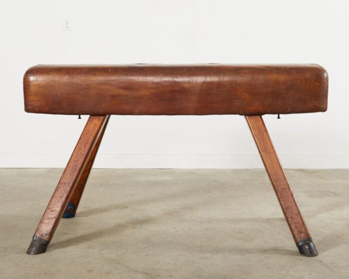 midcentury gymnastic leather and oak pommel horse bench 2749