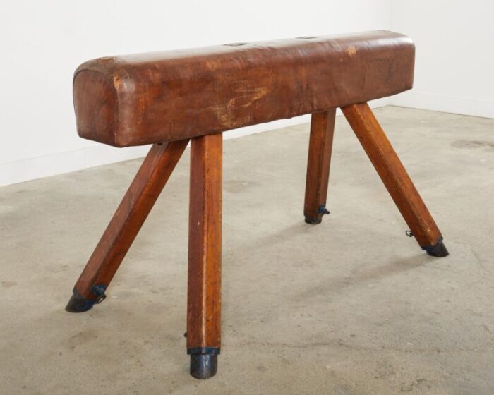 midcentury gymnastic leather and oak pommel horse bench 3271