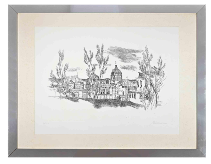 mihu vulcanescu roman landscape original etching 1972 0101