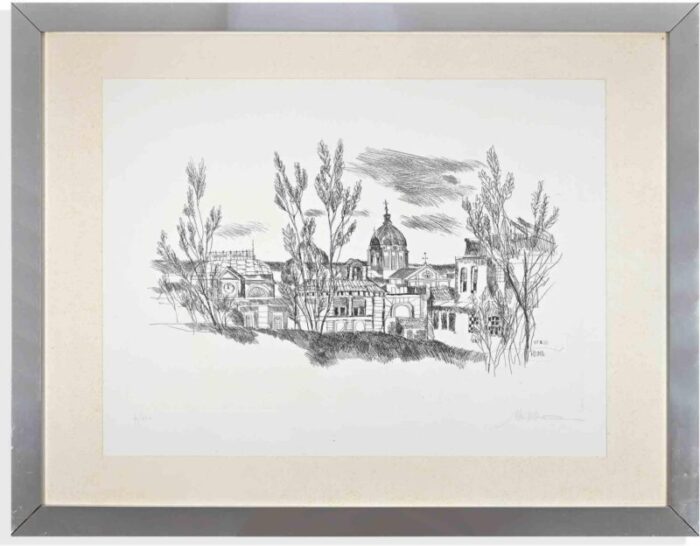 mihu vulcanescu roman landscape original etching 1972 8155