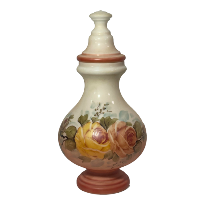 milk glass urn with a porcelain like finish and detailed hand painted floral designs circa 1900 1706