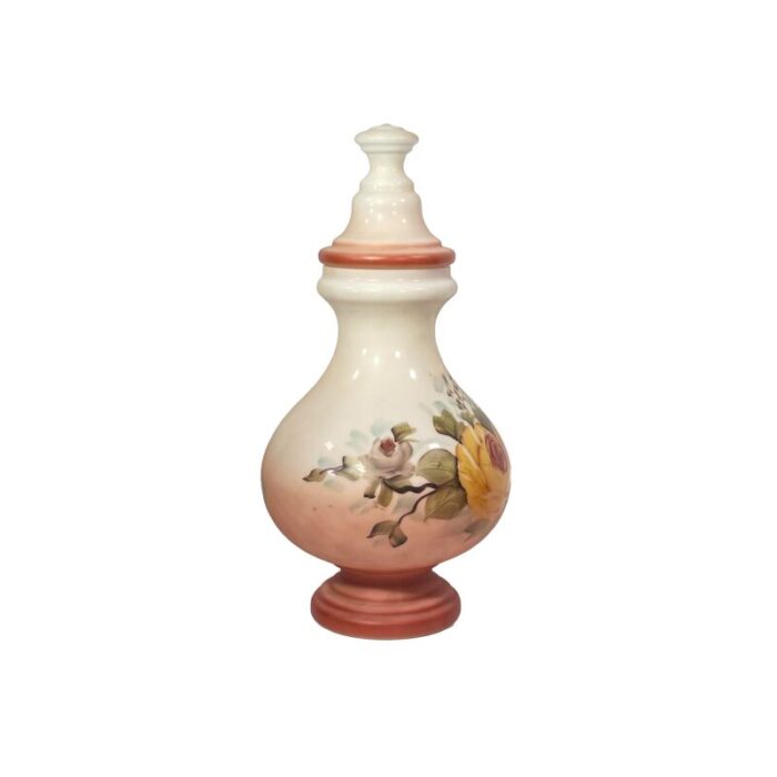 milk glass urn with a porcelain like finish and detailed hand painted floral designs circa 1900 3755