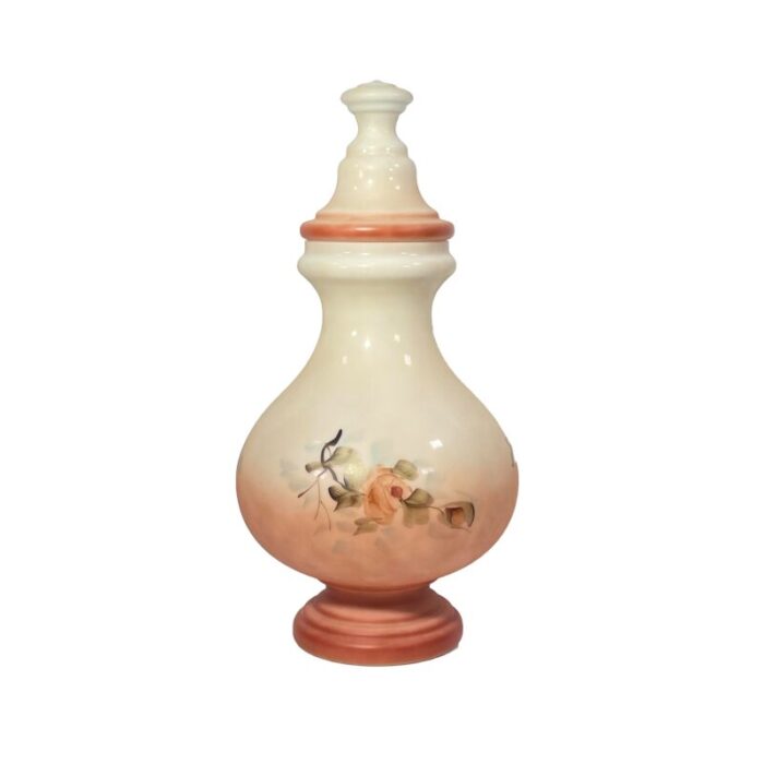 milk glass urn with a porcelain like finish and detailed hand painted floral designs circa 1900 6283