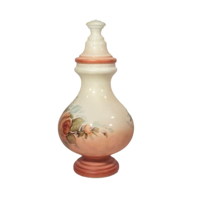 milk glass urn with a porcelain like finish and detailed hand painted floral designs circa 1900 6724