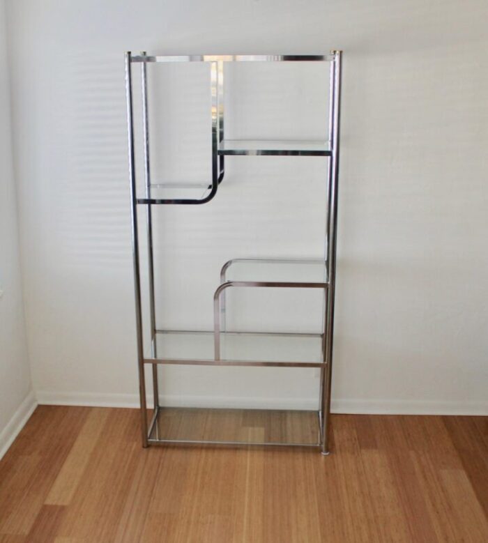 milo baughman for dia style 1970s chrome sculptural etagere shelving unit with clear glass brass finials detail 1251