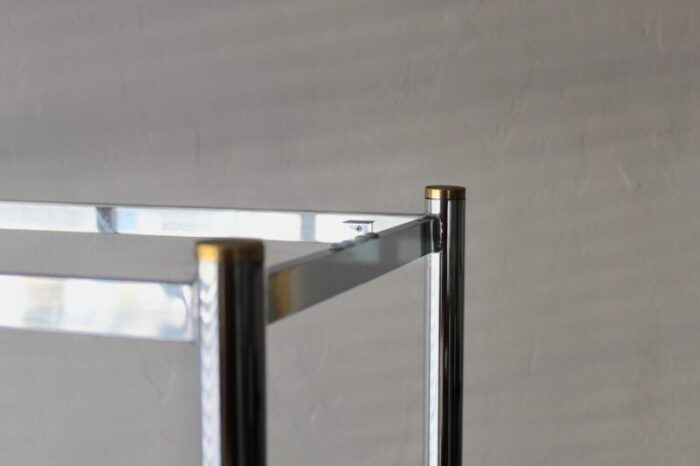 milo baughman for dia style 1970s chrome sculptural etagere shelving unit with clear glass brass finials detail 1477