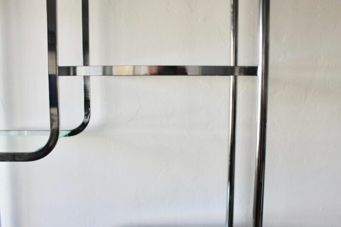 milo baughman for dia style 1970s chrome sculptural etagere shelving unit with clear glass brass finials detail 2712