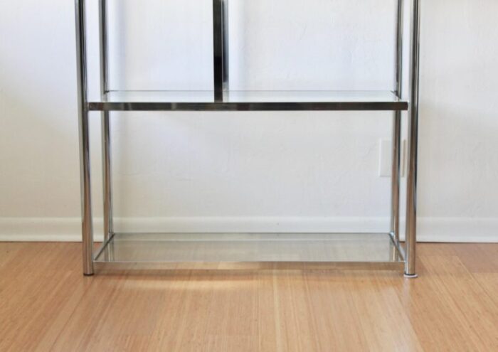 milo baughman for dia style 1970s chrome sculptural etagere shelving unit with clear glass brass finials detail 2987