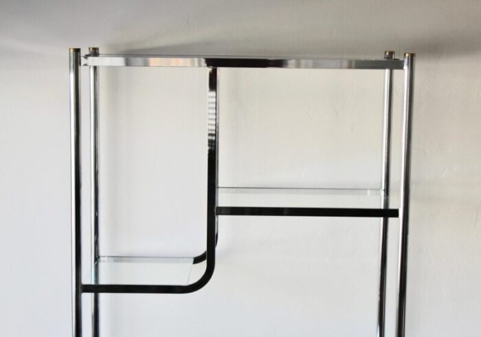 milo baughman for dia style 1970s chrome sculptural etagere shelving unit with clear glass brass finials detail 3956