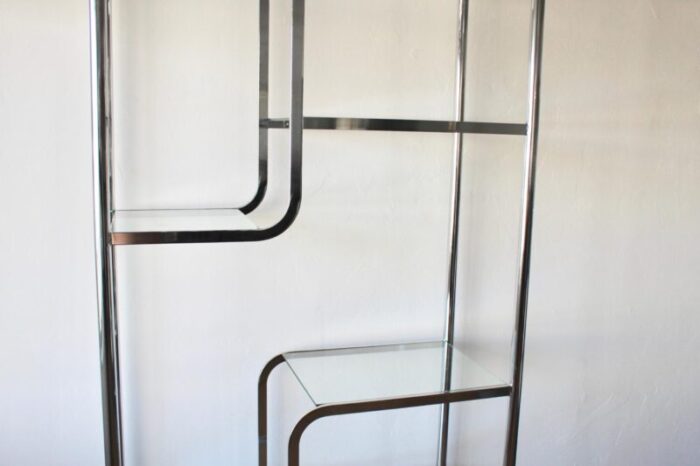 milo baughman for dia style 1970s chrome sculptural etagere shelving unit with clear glass brass finials detail 5479