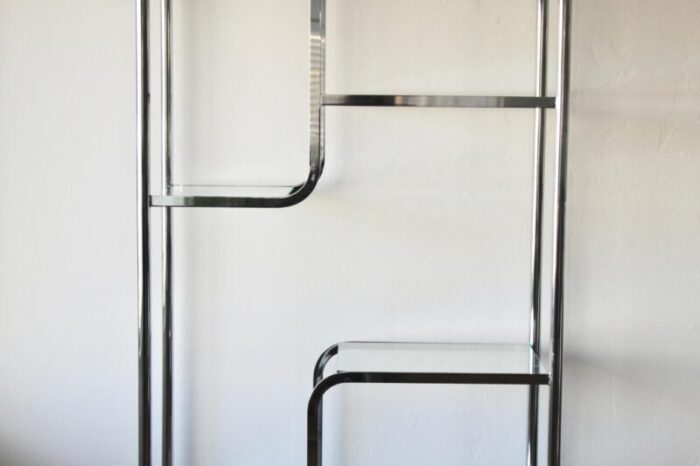 milo baughman for dia style 1970s chrome sculptural etagere shelving unit with clear glass brass finials detail 6171