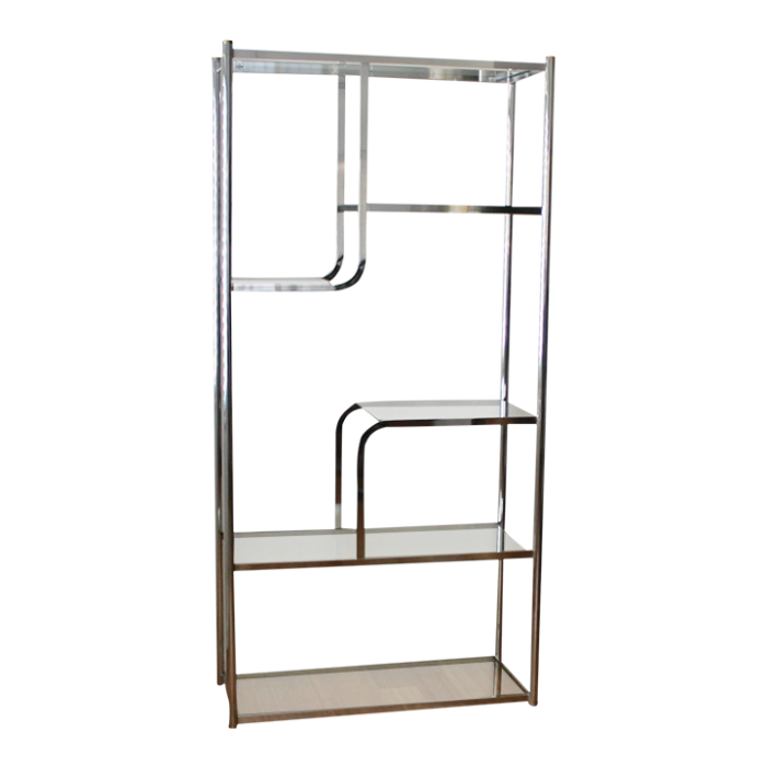 milo baughman for dia style 1970s chrome sculptural etagere shelving unit with clear glass brass finials detail 6267