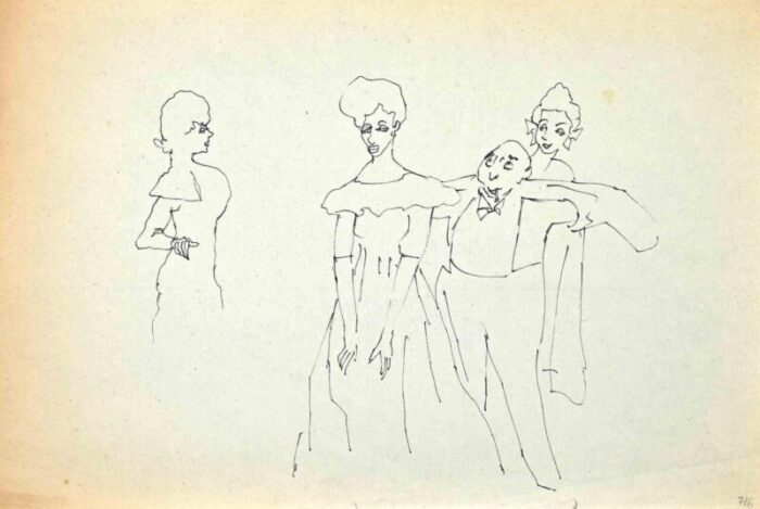 mino maccari gallant and ladies pen drawing mid 20th century 0268