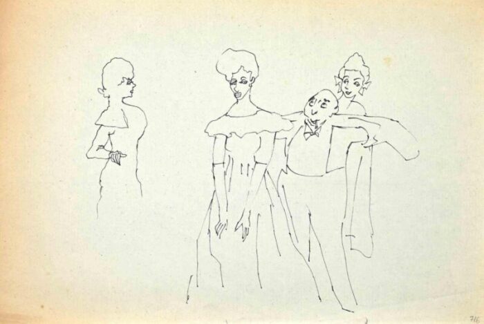 mino maccari gallant and ladies pen drawing mid 20th century 7010