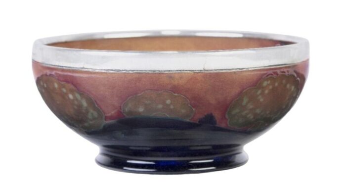 moorcroft william hutton and sons eventide pattern footed large bowl silver overlay circa 1925 0977