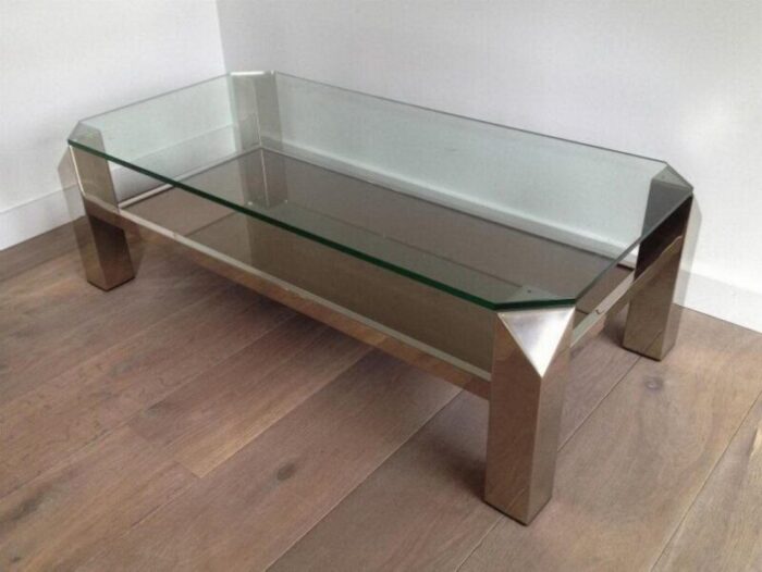 octagon chrome coffee table with clear glass mirror 1970s 6