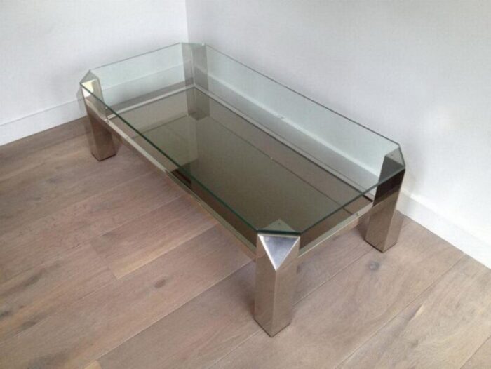 octagon chrome coffee table with clear glass mirror 1970s 8