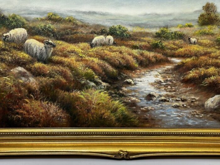 oil painting scottish highlands sheep grazing ben nevis range by wendy reeves c1990s 3824