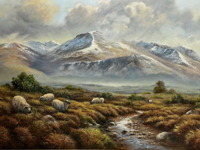 oil painting scottish highlands sheep grazing ben nevis range by wendy reeves c1990s 4715