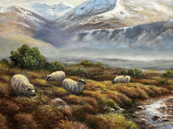 oil painting scottish highlands sheep grazing ben nevis range by wendy reeves c1990s 9417