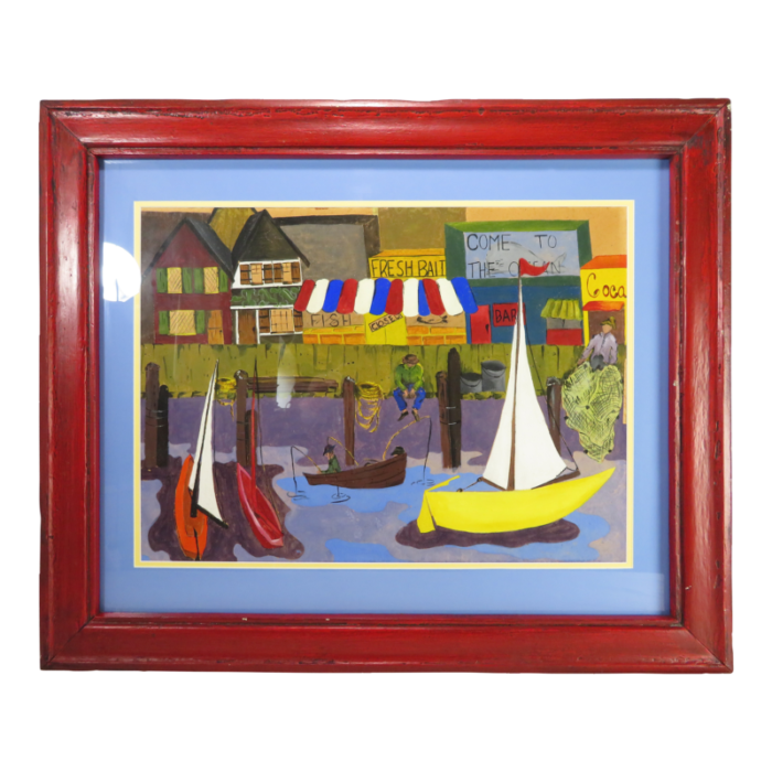 original fishing village harbor boat dock oil art painting reclaimed wood frame 3812