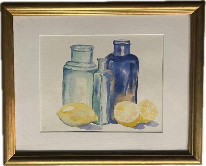 original watercolor signed by the artist penny scheerer still life lemons with glass bottles 0610