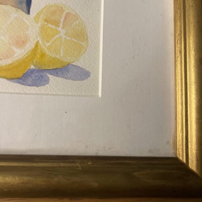 original watercolor signed by the artist penny scheerer still life lemons with glass bottles 0626