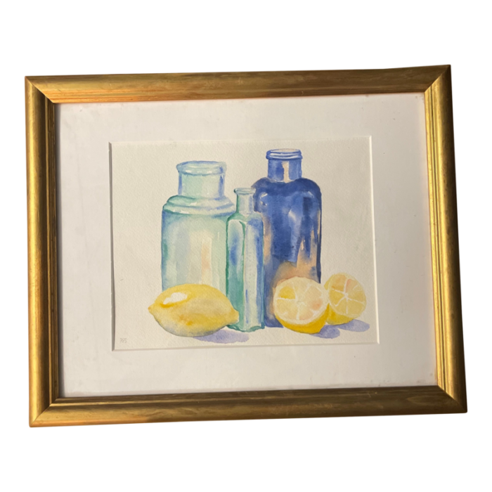 original watercolor signed by the artist penny scheerer still life lemons with glass bottles 2028