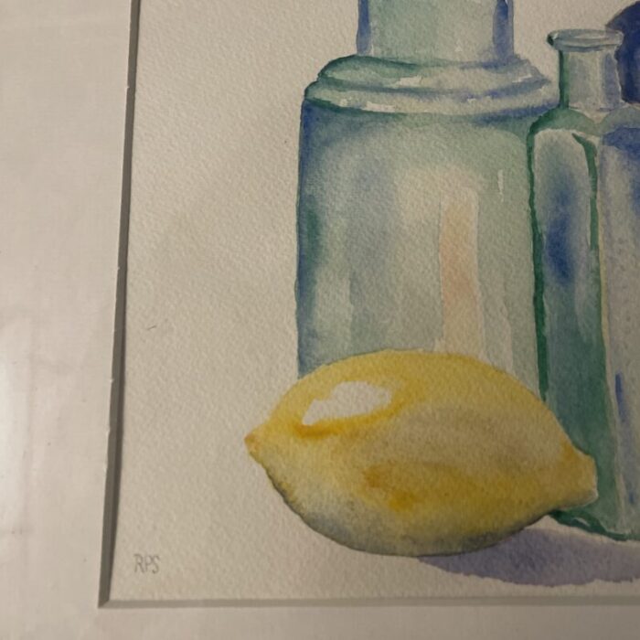 original watercolor signed by the artist penny scheerer still life lemons with glass bottles 3141