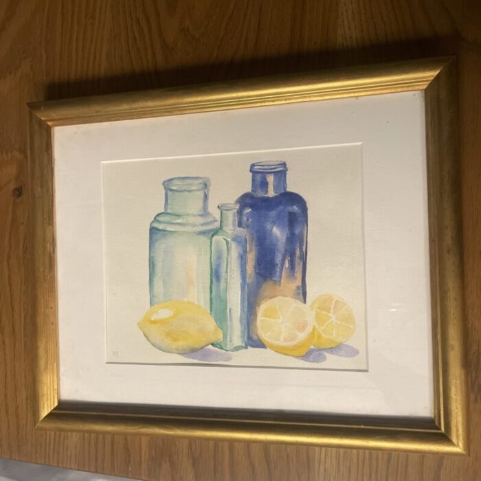 original watercolor signed by the artist penny scheerer still life lemons with glass bottles 4470