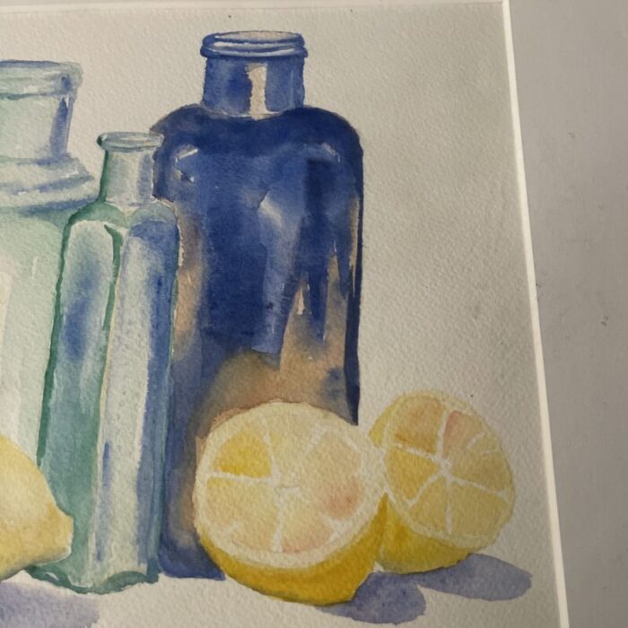 original watercolor signed by the artist penny scheerer still life lemons with glass bottles 7230