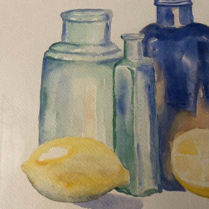 original watercolor signed by the artist penny scheerer still life lemons with glass bottles 9603