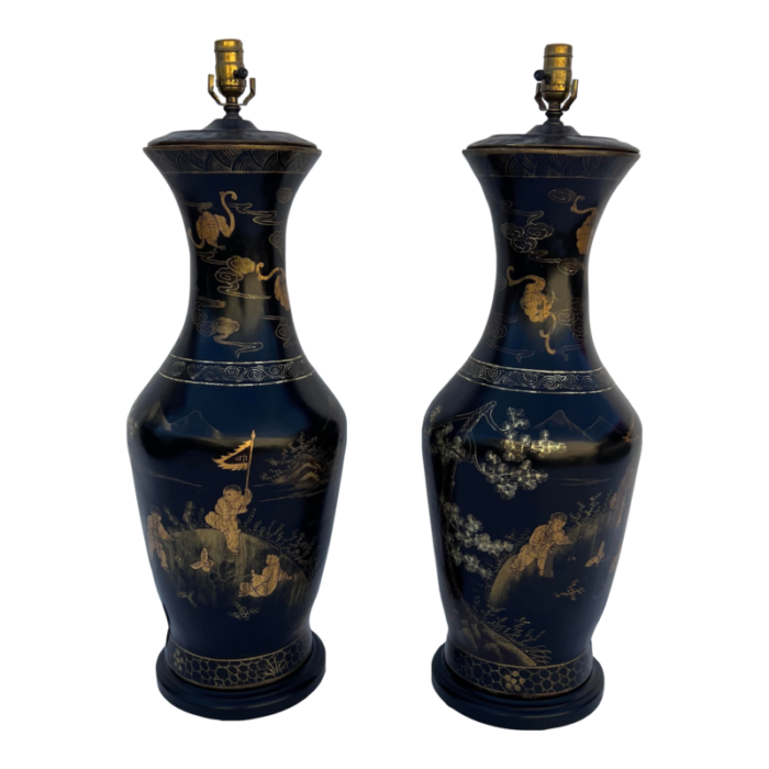 pair 1970s large chinoiserie papier mache table lamps 9284