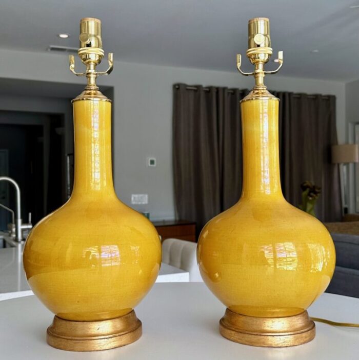 pair asian style bright yellow porcelain table lamps 0746