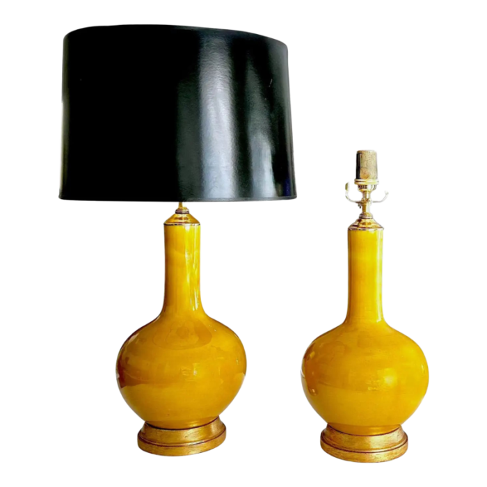 pair asian style bright yellow porcelain table lamps 1011