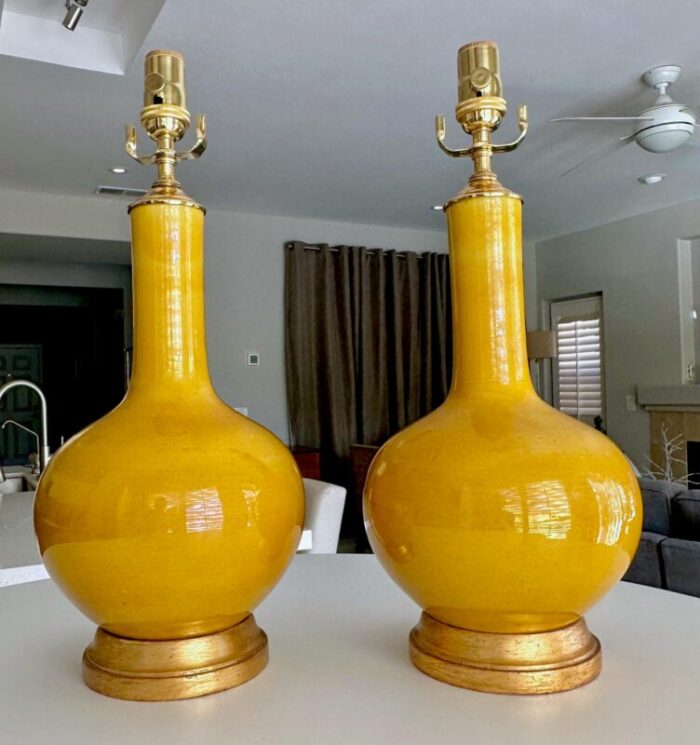 pair asian style bright yellow porcelain table lamps 6676