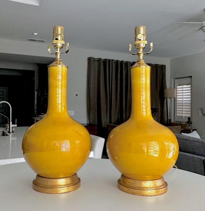 pair asian style bright yellow porcelain table lamps 8715